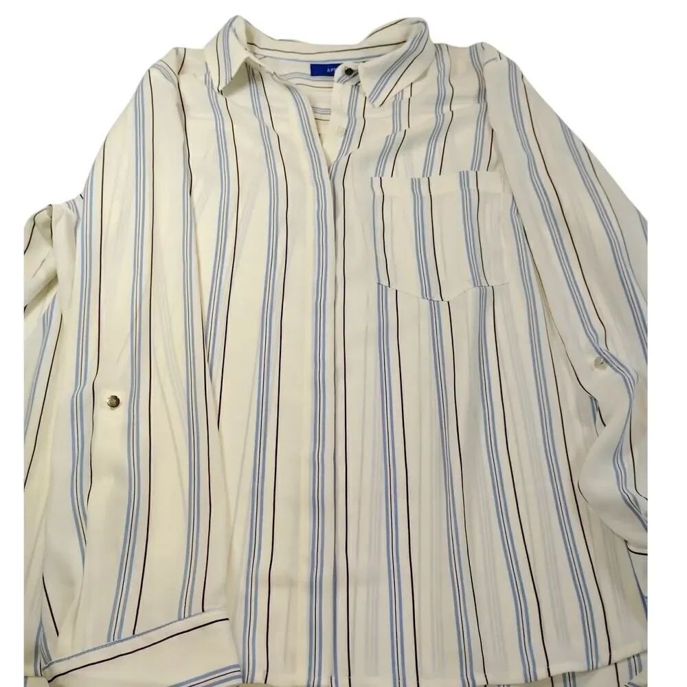Apt. 9 White & Blue Long Sleeve Blouse - Women's XL